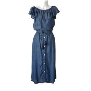 NWT Tommy Bahama Womens XS Chambray Midi Dress Off the Shoulder Blue